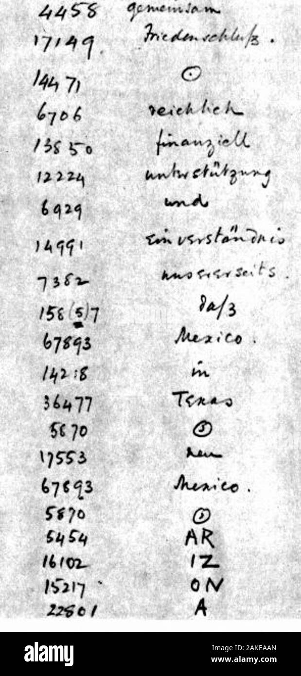 A portion of the Zimmermann Telegram as decrypted by British Naval Intelligence codebreakers. The word Arizona was not in the German codebook and thus had to be split into phonetic syllables. Stock Photo