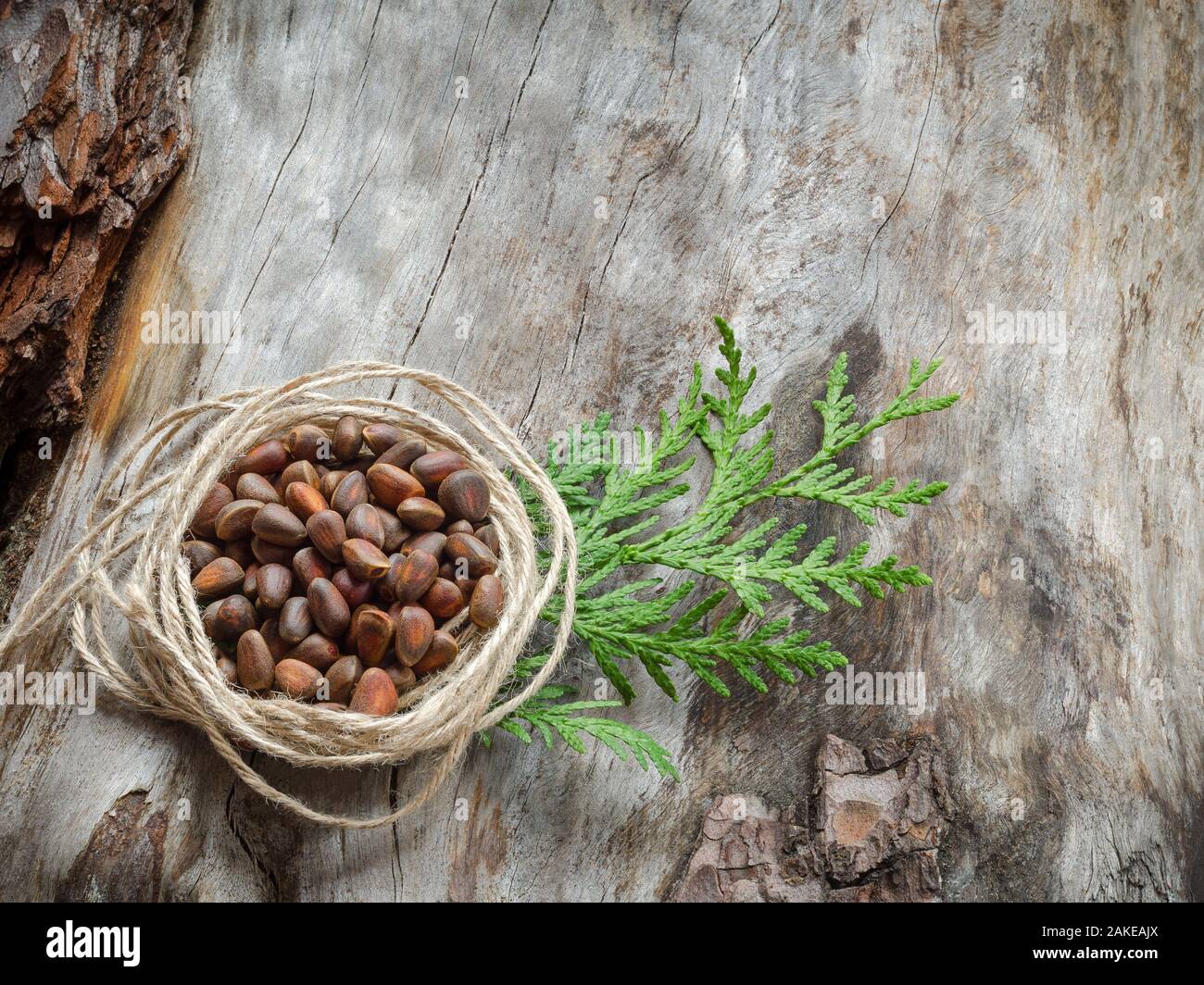 Unshelled pine nuts on aged wood. Closeup Stock Photo