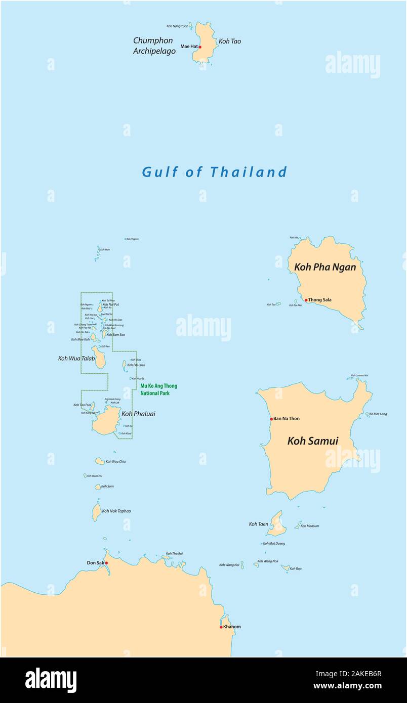 Map of the islands of Koh Samui and Koh Pha Ngan in the Gulf of Thailand, Thailand Stock Vector