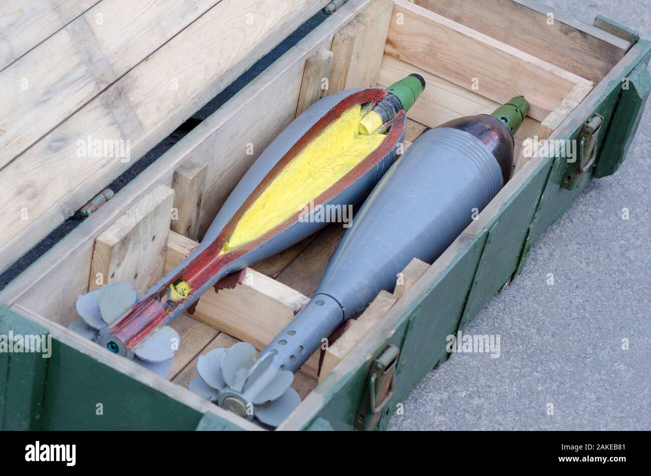 Anti tank rocket-propelled grenades into boxes in a munition producing factory. Stock Photo