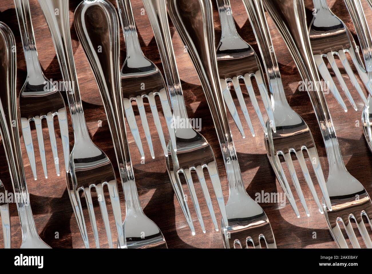 Set of forks on buffet table Stock Photo Alamy