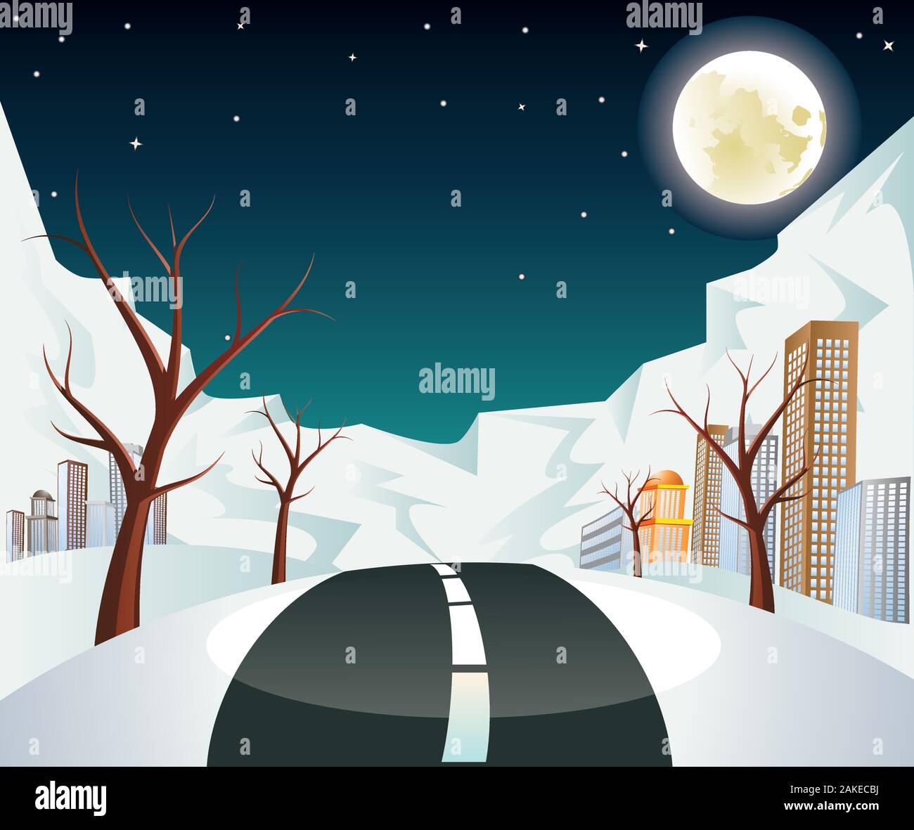 Rural winter city landscape with road and trees at night time Stock ...