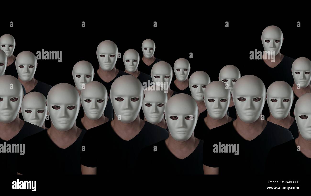 Identity concept: crowd of men and women with white mask and black t-shirt Stock Photo