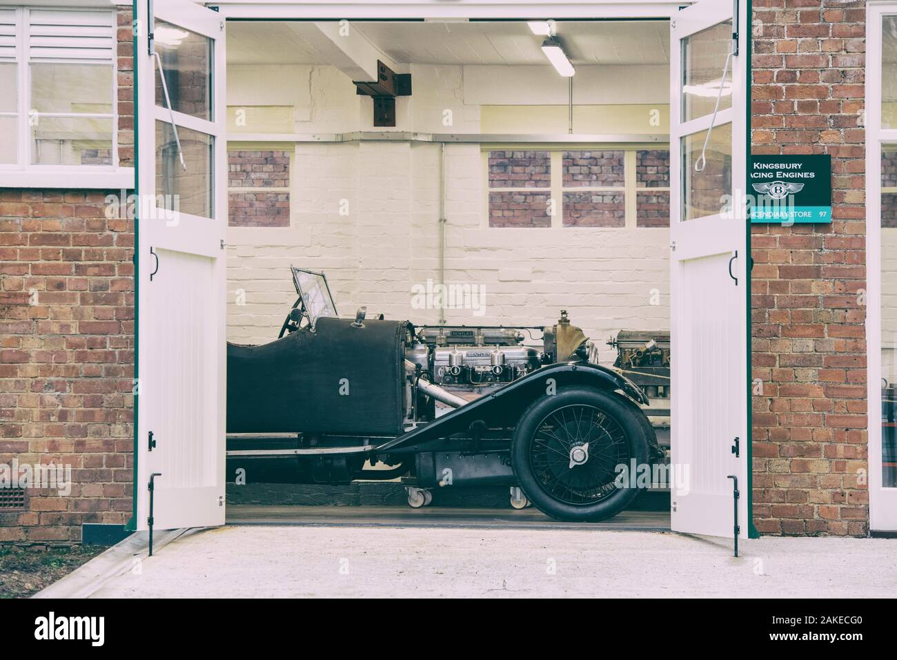 1924 Bentley 3 Liter Speed Model in a workshop at Bicester Heritage Centre Sunday scramble event. Oxfordshire, England. Vintage filter applied Stock Photo