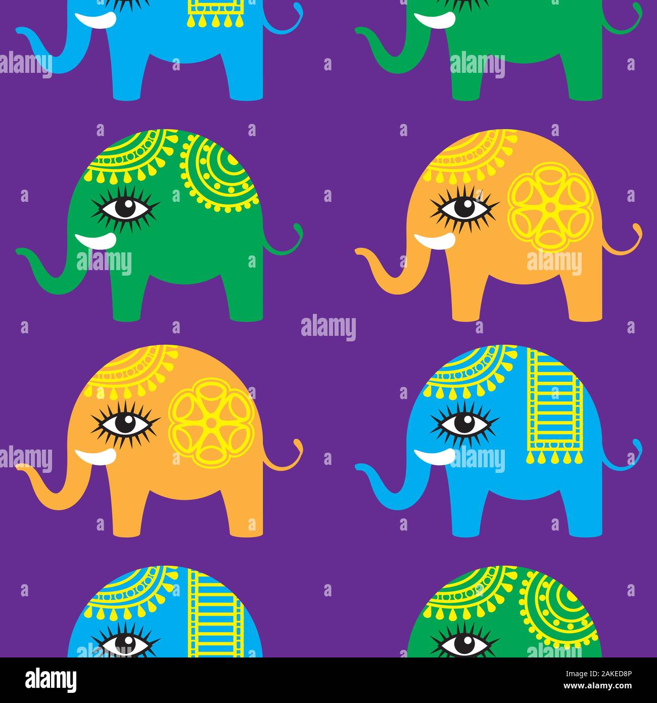 Seamless pattern of carnival elephants on purple isolated background ...