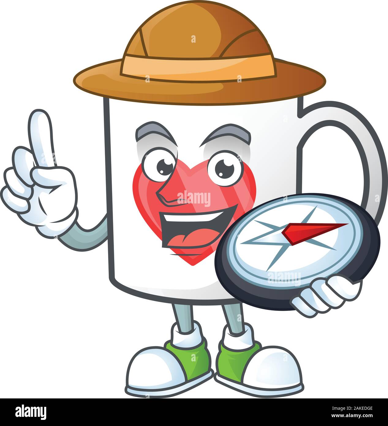 Cup coffee love stylized Explorer having a compass Stock Vector