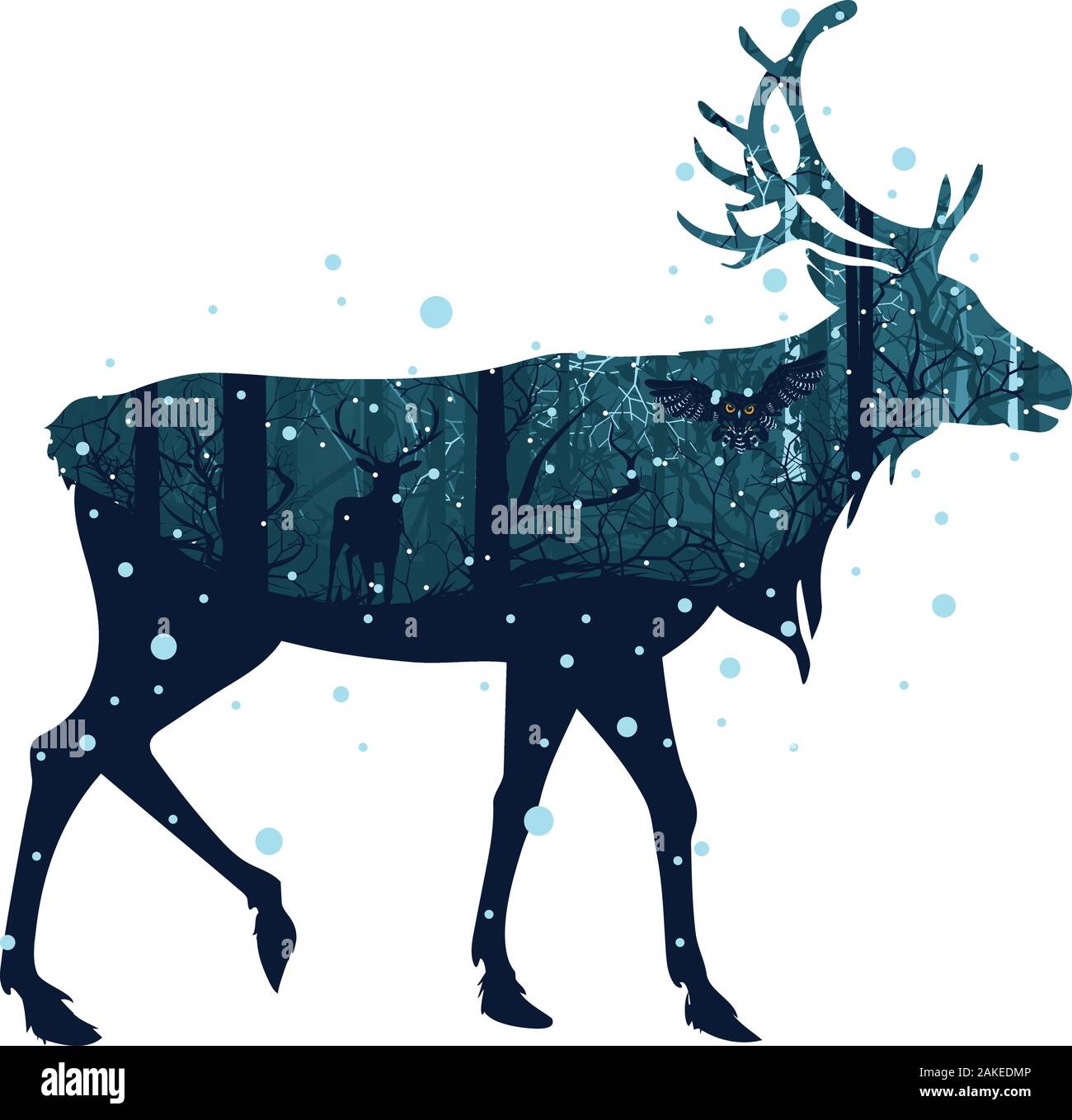 Falling snow in dark winter forest with trees and deer silhouette Stock ...