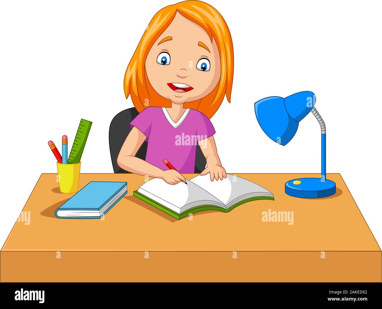 Cartoon little girl studying and writing Stock Vector Image & Art - Alamy