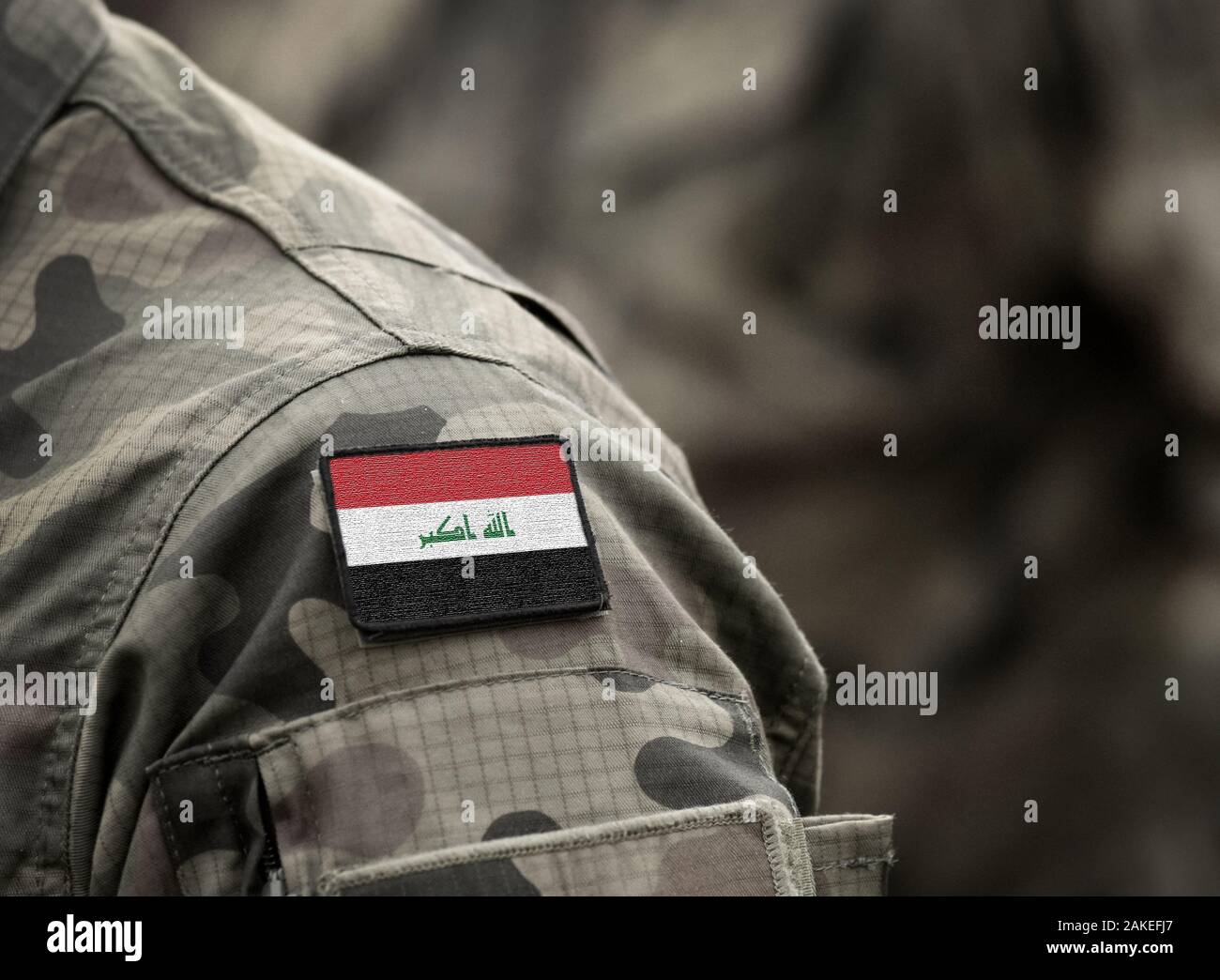 Flag of Iraq on military uniform. Republic of Iraq. Army, armed forces, soldiers. Collage. Stock Photo
