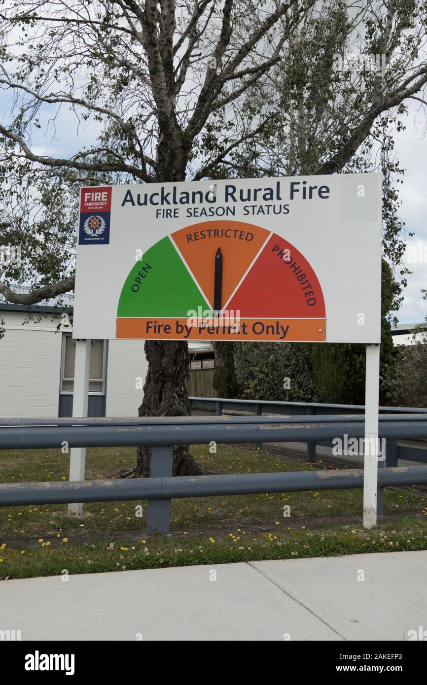 A fire season rural fire warning sign Kumeu Fire station West Coast, Auckland, Northland New Zealand. fire by permit only restricted prohibited Stock Photo