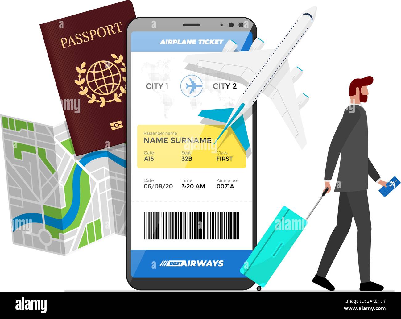 Online flight booking service concept. Business man with luggage book airplane travel on smartphone. Plane ticket reservation website or mobile app. Trip planning map and passport vector illustration Stock Vector