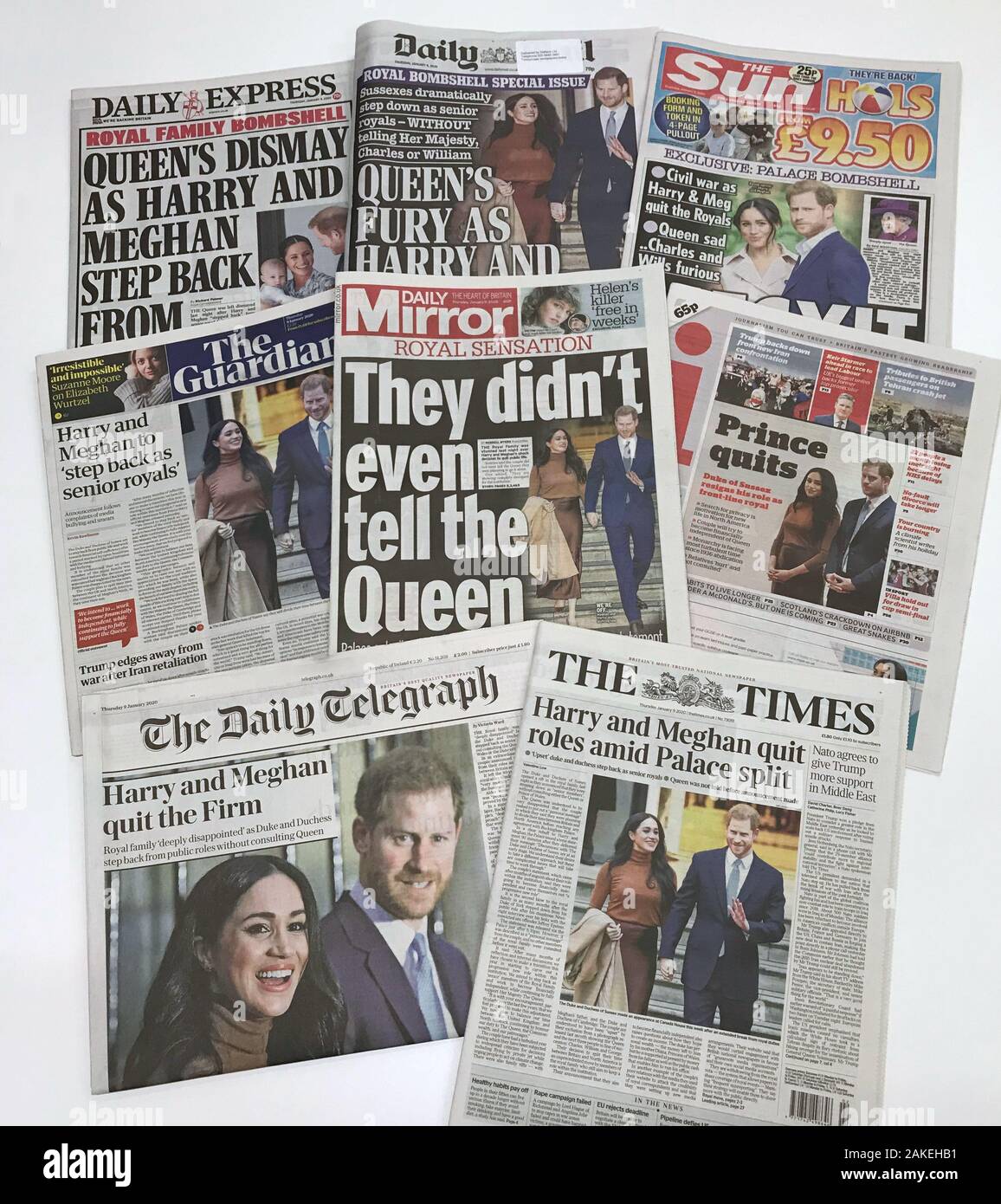 The front pages of the UK national newspapers in the wake of the announcement that the Duke and Duchess of Sussex will take a step back as 'senior members' of the royal family, dividing their time between the UK and North America. Stock Photo