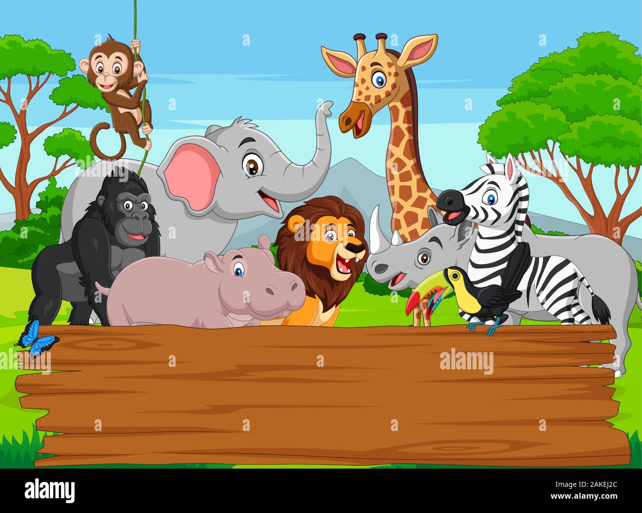 Cartoon wild animal with blank board in the jungle Stock Vector Image ...