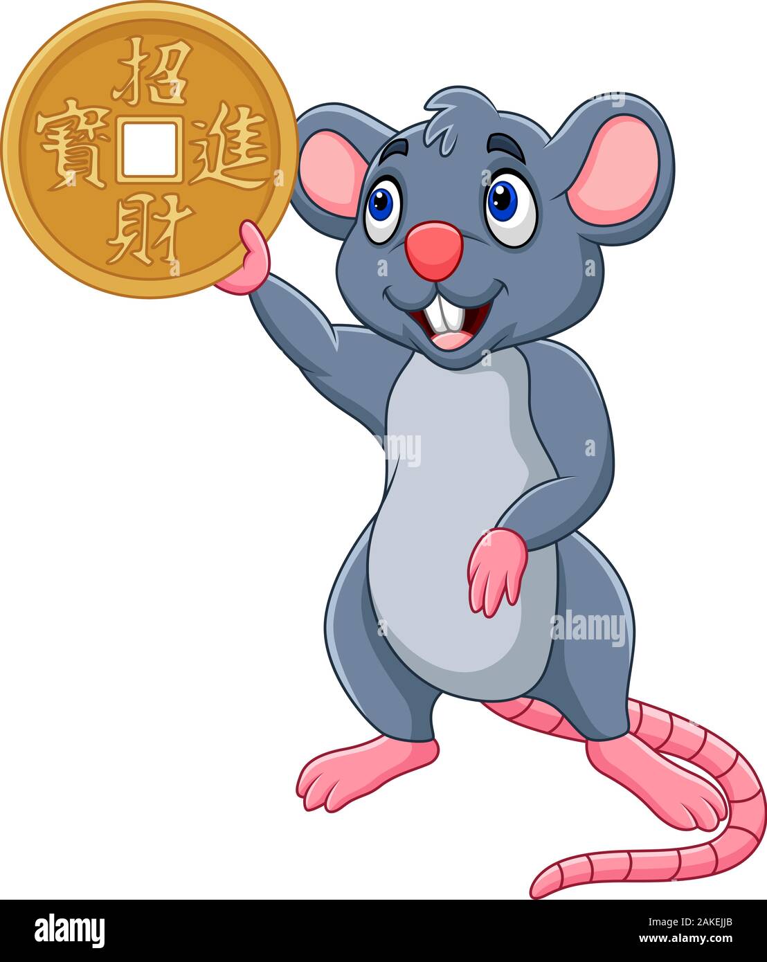 Funny cartoon Rat as symbol of new year 2020 holding gold coin. Chinese ...