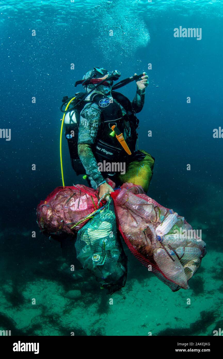 Scuba diver removing plastic marine litter from the sea bed.  Mljet National Park, Mljet  Island, Croatia. May 2015. Stock Photo
