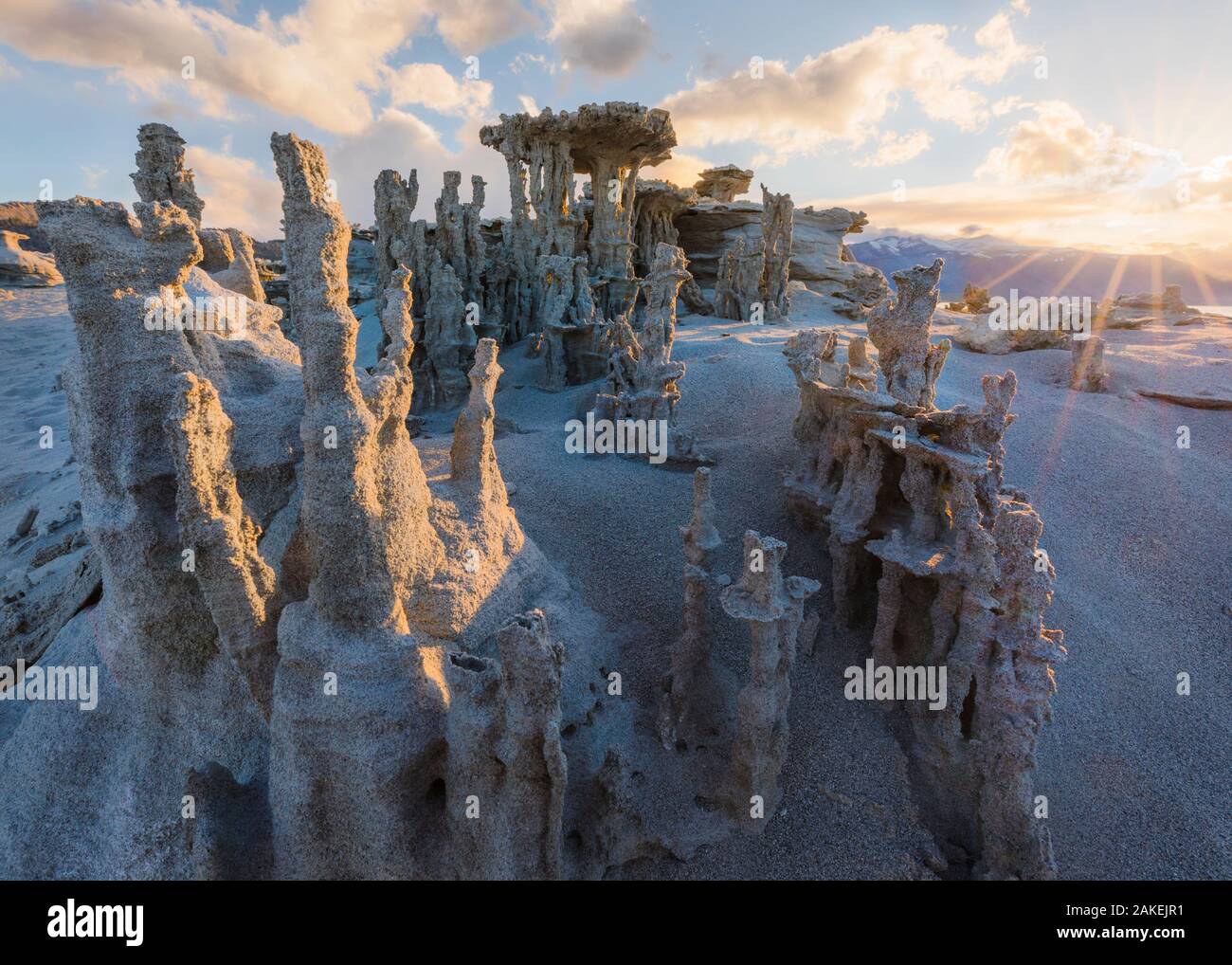 Tufa towers along Mono Lake, which form as sodium carbonate reacts with calcium rich spring water. Mono Lake, California, USA. June 2017. Stock Photo