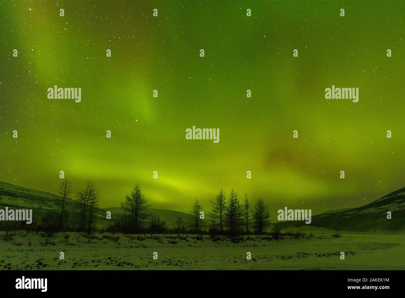 Northern lights over Putoransky State Nature Reserve, Putorana Plateau, Siberia, Russia Stock Photo