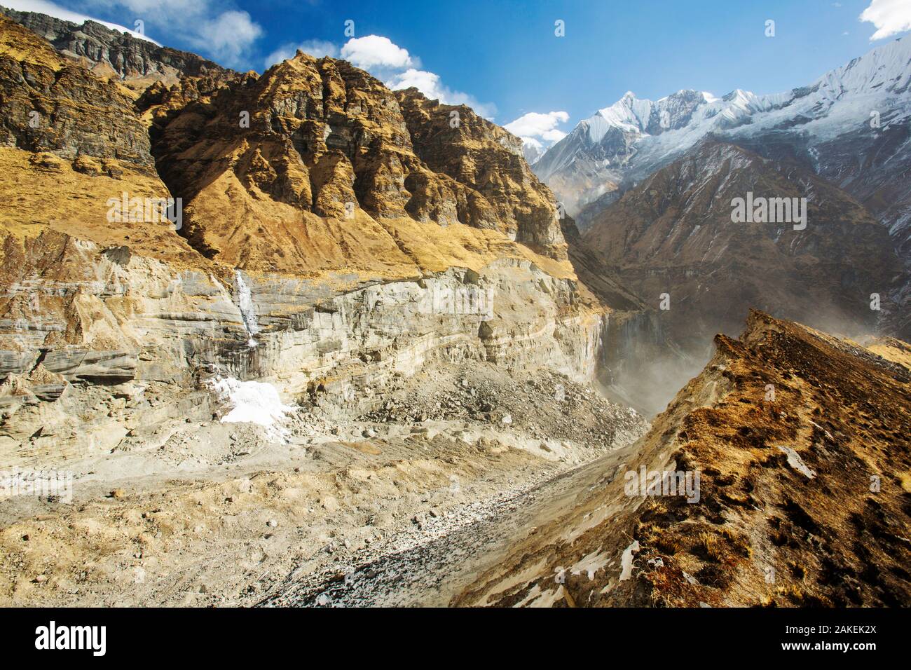 U shaped valley caused by rapidly retreating South Annapurna glacier in the Annapurna sanctuary, Nepalese Himalayas, Nepal. December 2012. Stock Photo