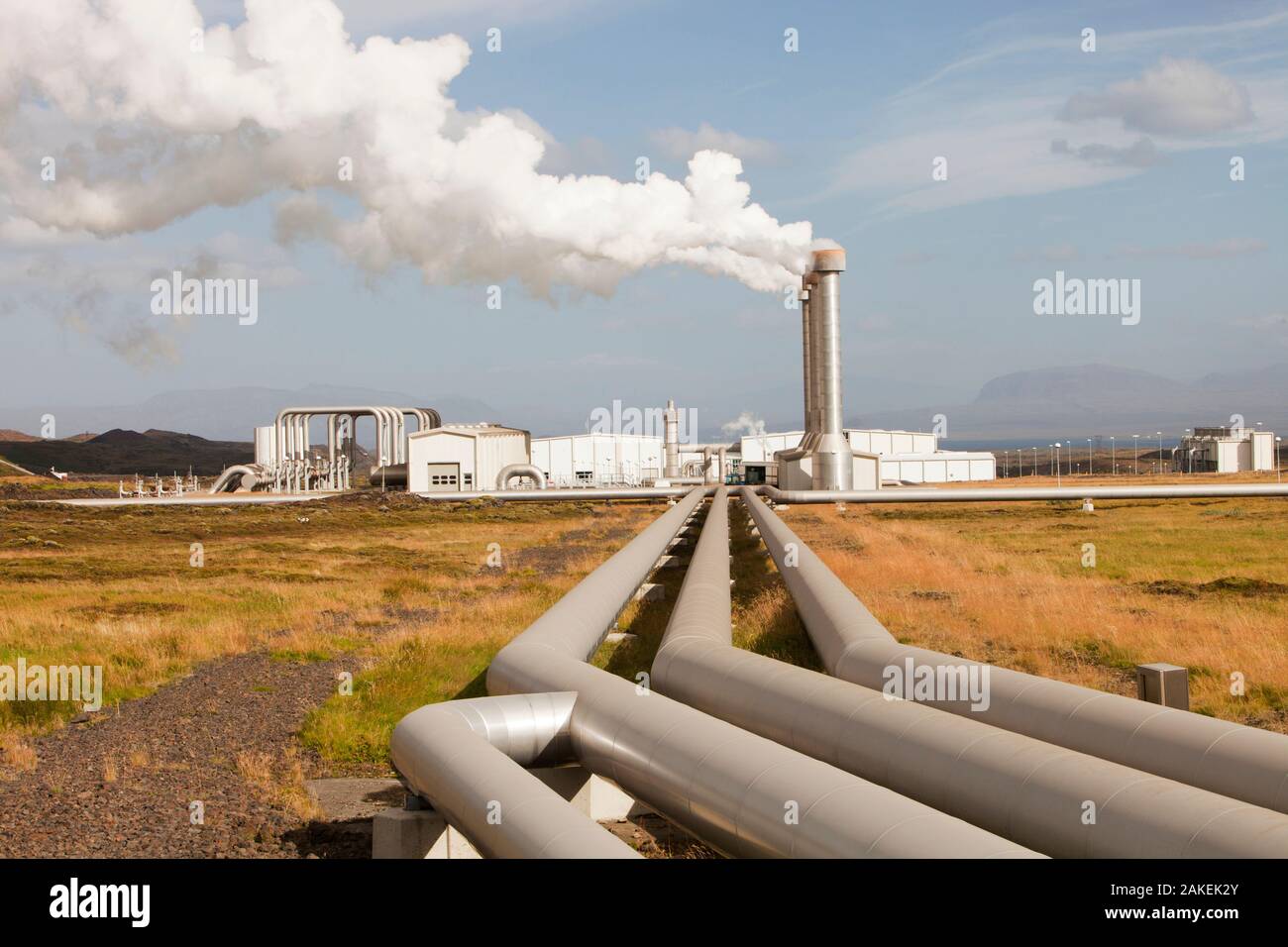 Hellisheidi geothermal power station in Hengill, Iceland. It also supplies hot water via a pipeline to Reykjavik for space heating for households and industry September 2010. Stock Photo