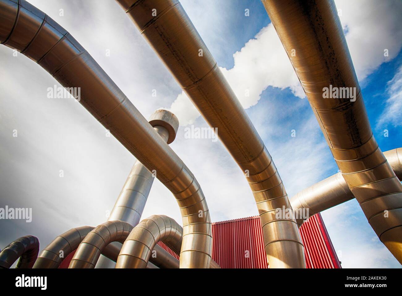 Part of geothermal plant that removes water from the steam before it is fed into turbines at Krafla geothermal power station near Myvatn, Iceland,September 2010. Stock Photo