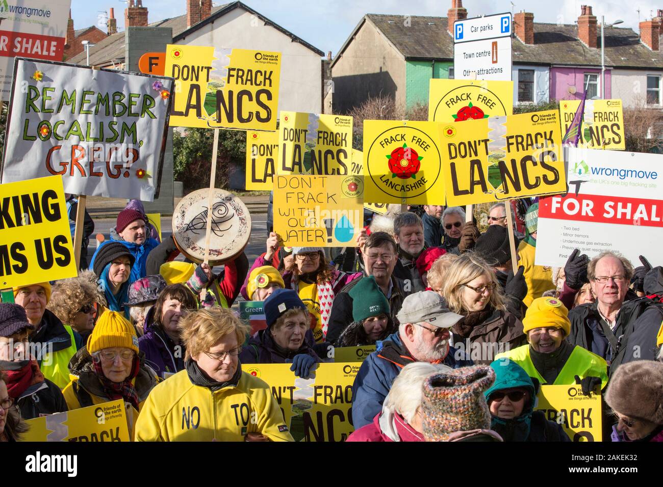 Protesters campaigning against fracking by Cuadrilla, as Cuadrilla appeals the local council decision not to allow fracking. Lancashire, England, UK, February 2016. Stock Photo