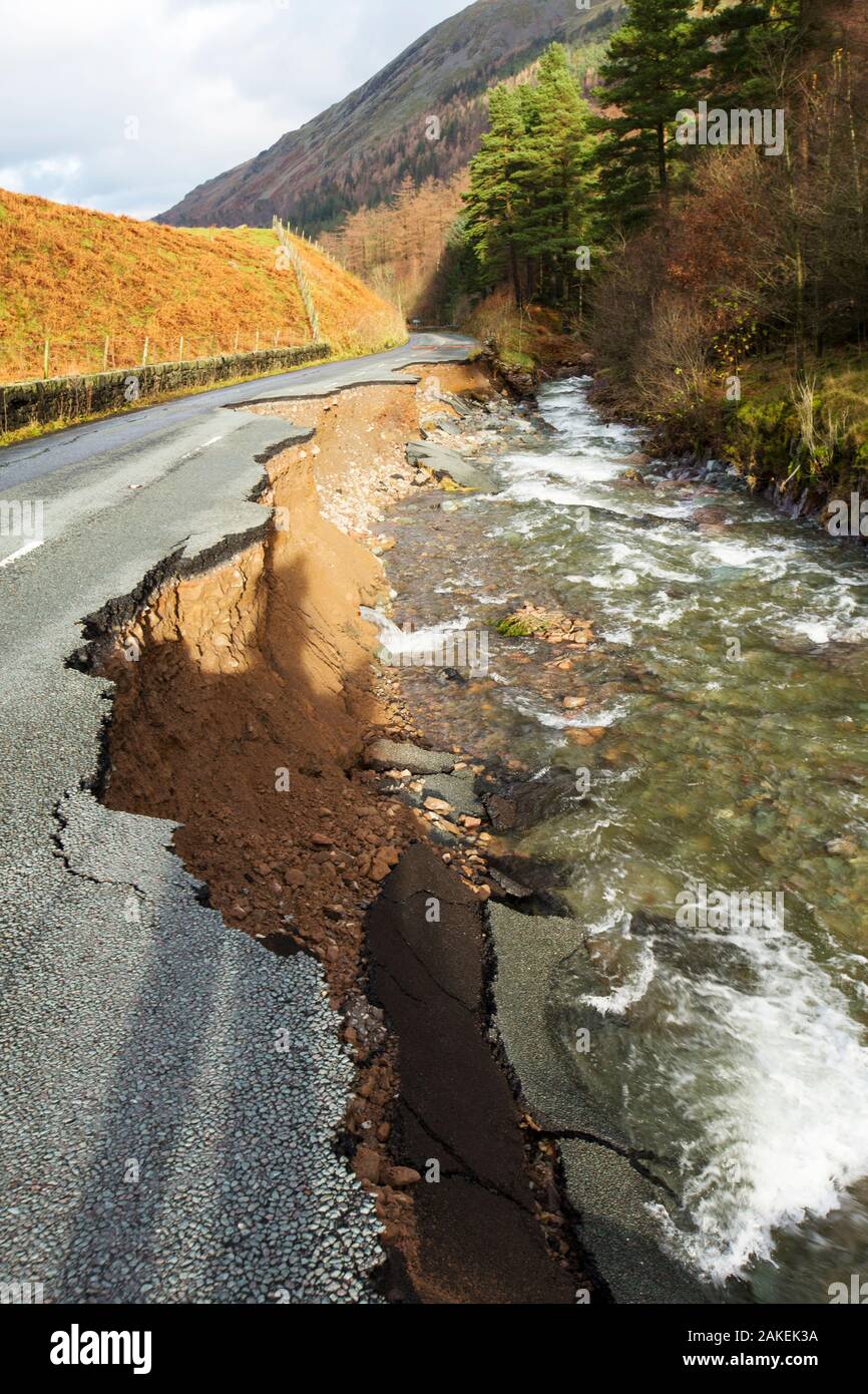 The A591, the main road through the Lake District, completely destroyed by the floods from Storm Desmond, Cumbria, UK. Taken on Sunday 6th December 2015. England, UK, December 2015. Stock Photo