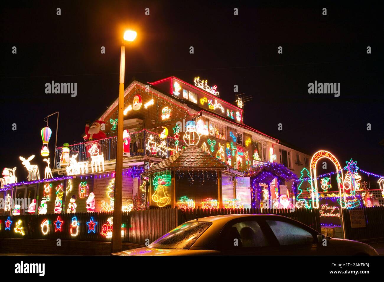 Christmas decorations on a house in Clitheroe, Lancashire, England, UK, December 2005. Stock Photo