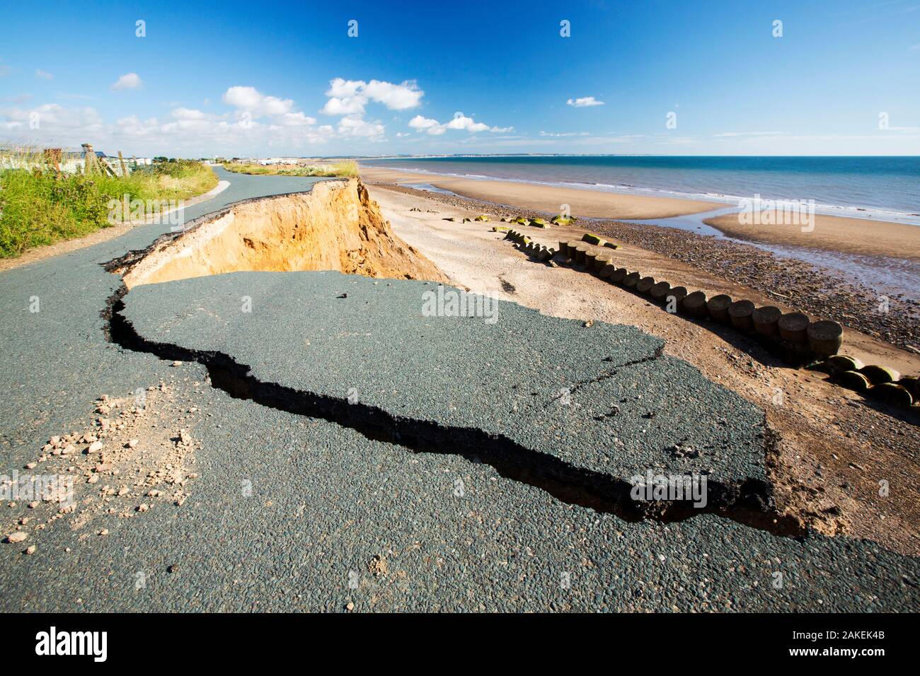 Collapsed coastal road at between Skipsea and Ulrome, Yorkshire, England, UK. August 2013. Stock Photo