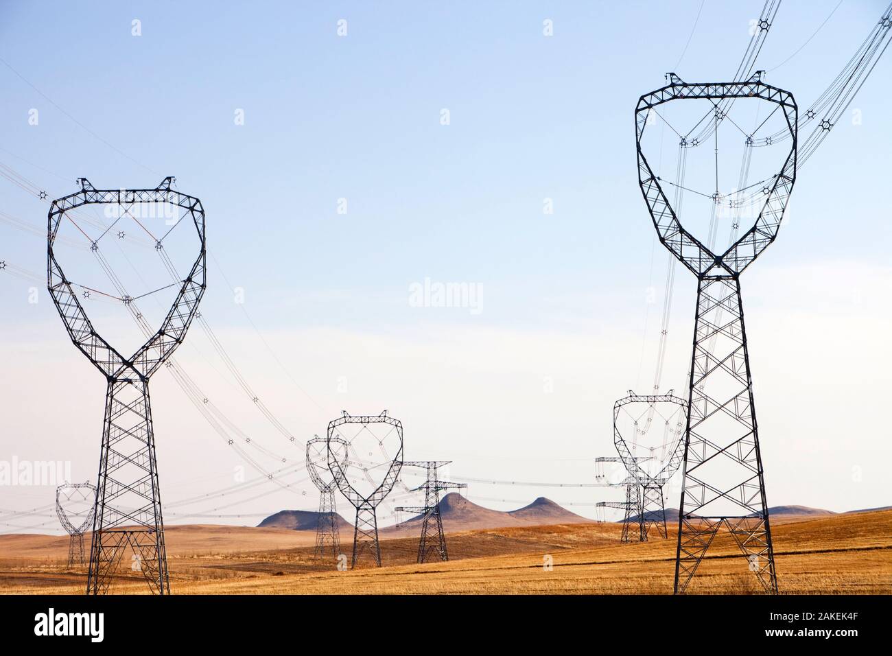 Electricity pylons across Inner Mongolia, Northern China, March 2009. Stock Photo