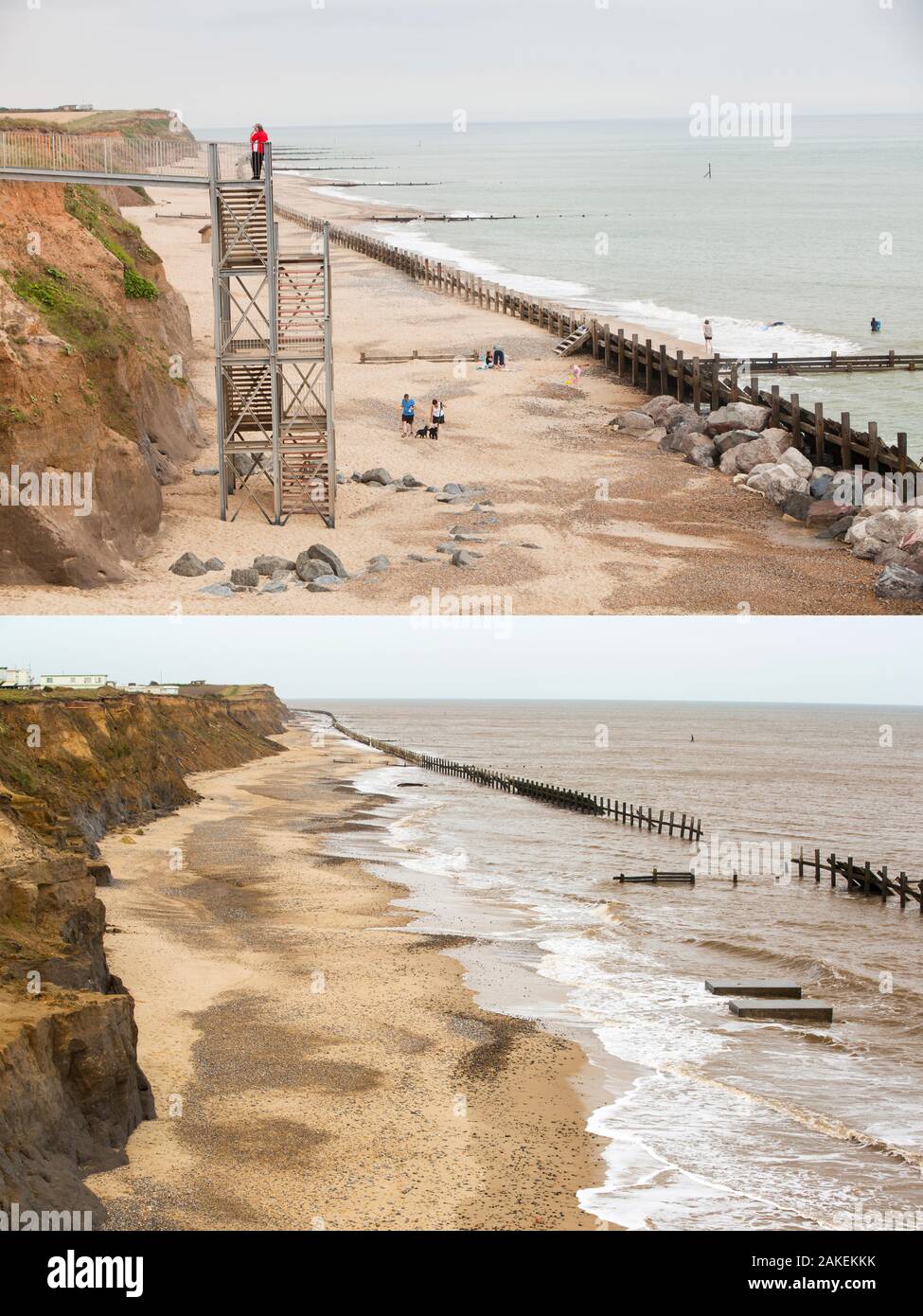 Composite shot showing coastal erosion at Happisburgh, Norfolk, UK. The first shot taken in 2010 shows the steps leading to the beach, the second shot taken in 2015 shows the two concrete blocks that were the foundations for the steps, and is all that is left, after rapid coastal erosion. Stock Photo