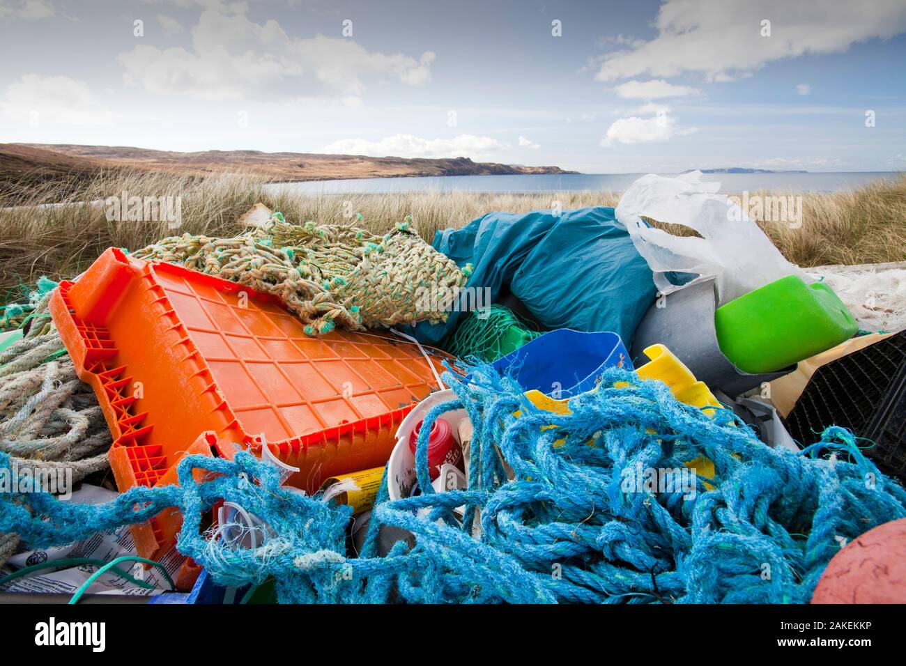 Plastic rubbish washed ashore from the sea in Glen Brittle, Isle of skye, Scotland, UK. May 2012 Stock Photo