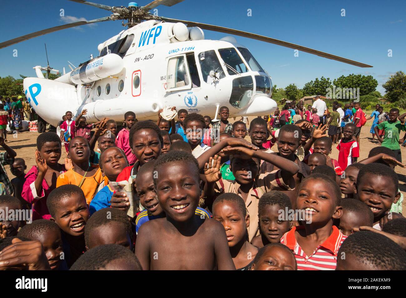 Russian Mi8 helicopter being used by the United Nations, World Food Program to deliver food aid to areas still cut off by the flooding, around Bangula and Mkhanga. Malawi, March 2015. Stock Photo