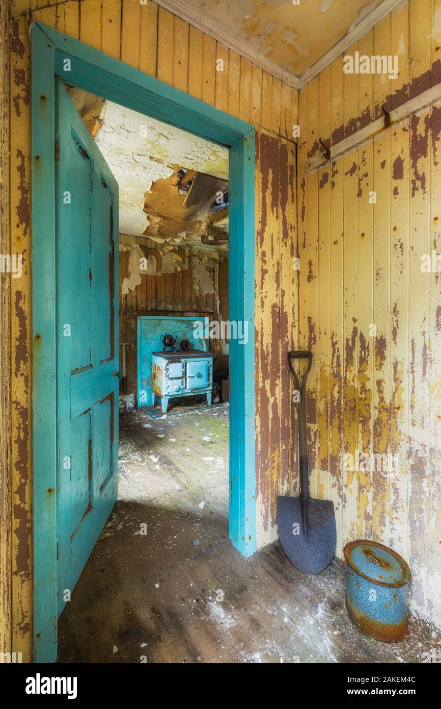 Doorway in abandoned cottage, Isle of Harris, Outer Hebrides, Scotland, UK. March 2014. Stock Photo