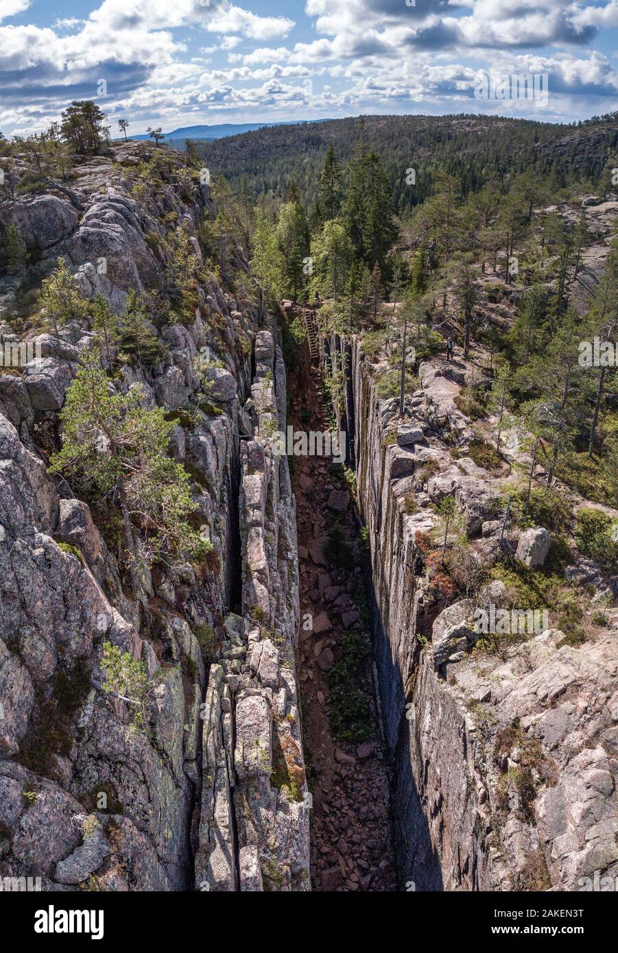 Slattdalsskrevan Gorge, aerial view. Skuleskogen National Park, High Coast World Heritage Site, Vasternorrland, Sweden. August, 2018. Stock Photo