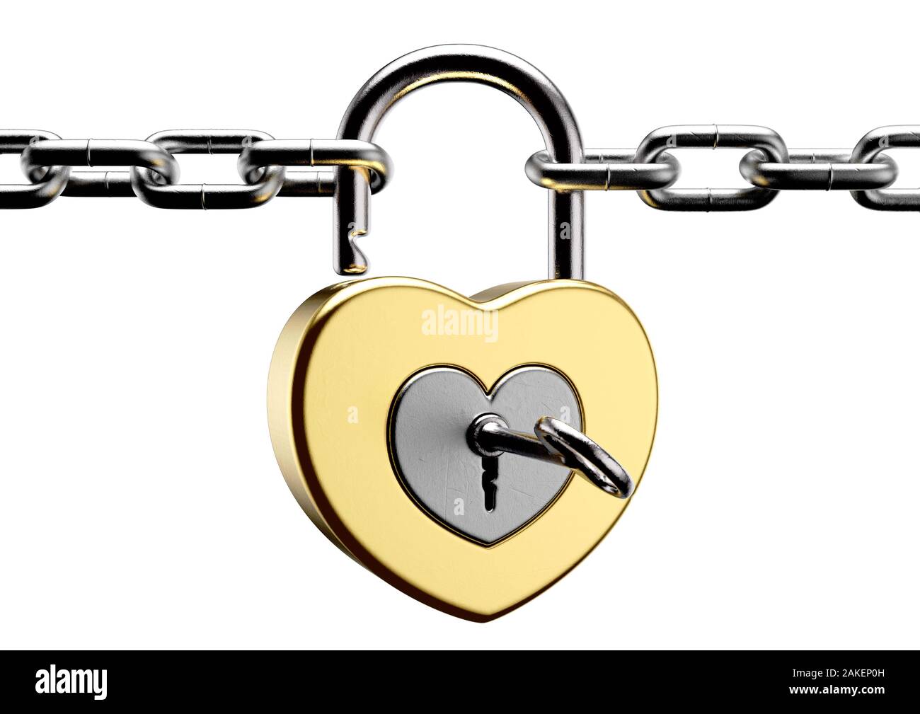 An unlocked heart shaped gold padlock with a key joining two silver ...