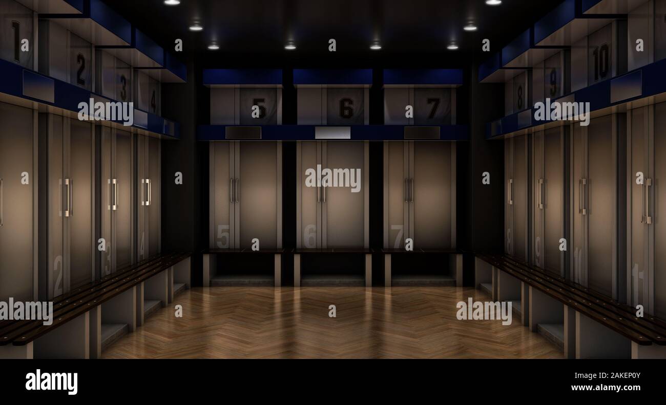 A sports locker room made of cubicles with cupboards numbered shirts a