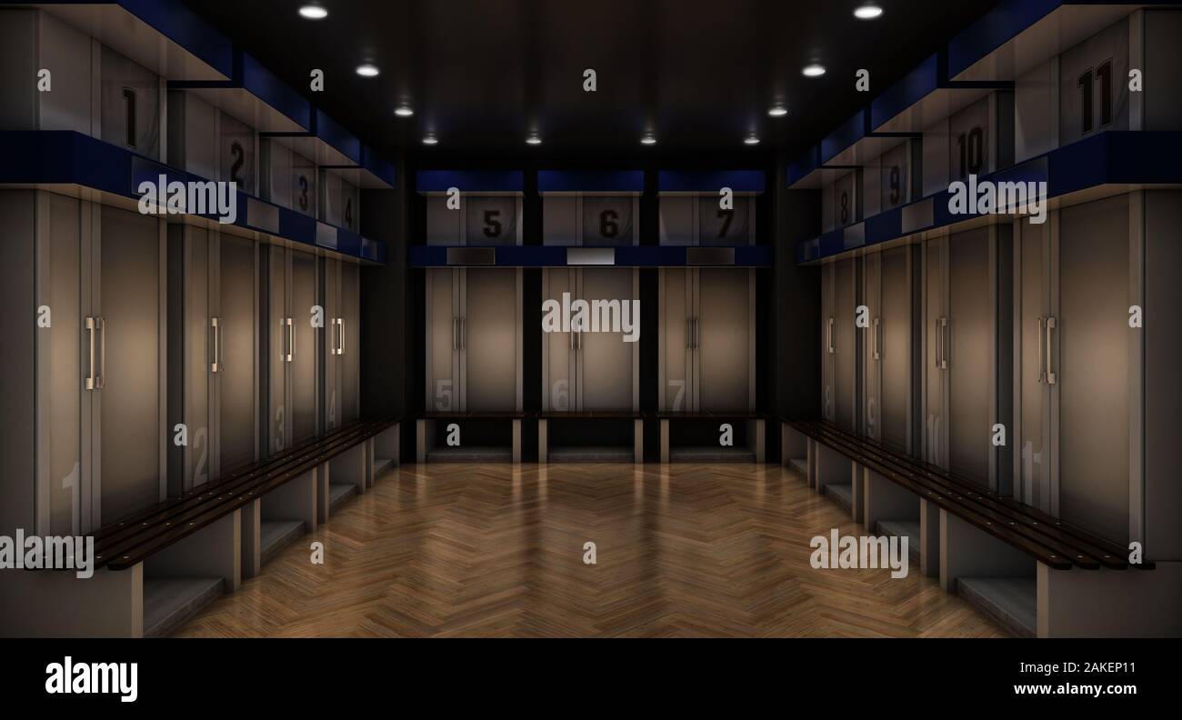 A sports locker room made of cubicles with cupboards numbered shirts a