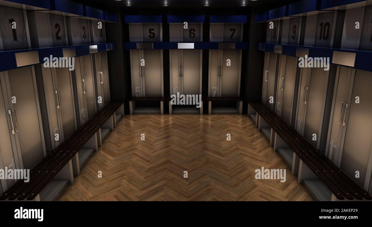 A sports locker room made of cubicles with cupboards numbered shirts a wooden bench and flooring - 3D render Stock Photo