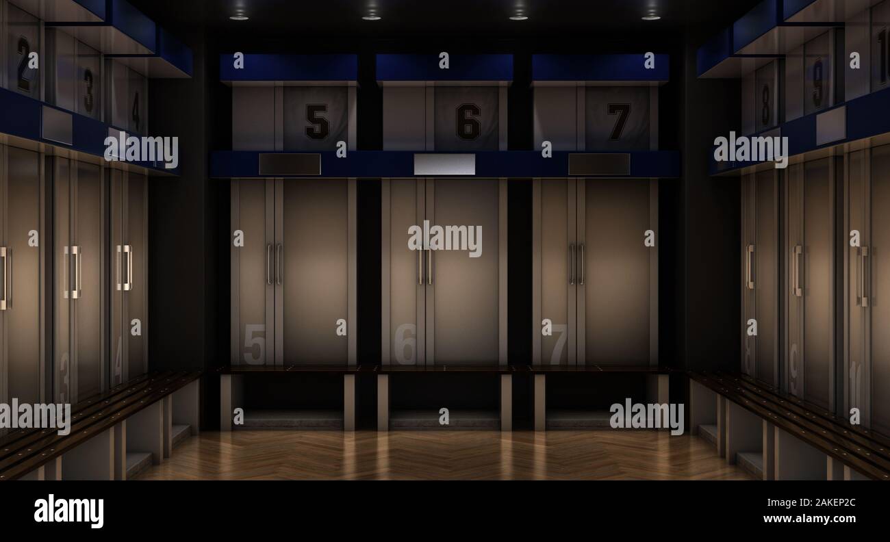 A sports locker room made of cubicles with cupboards numbered shirts a