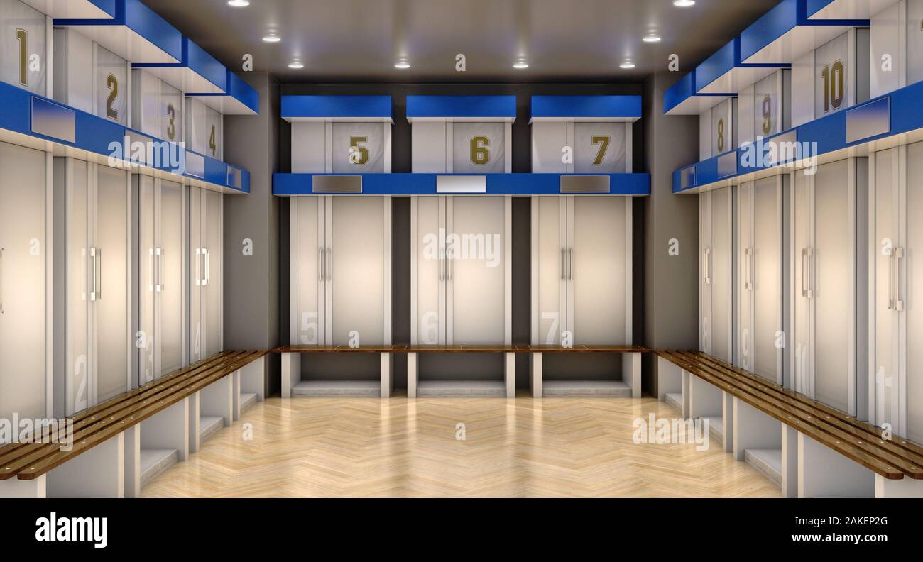 A sports locker room made of cubicles with cupboards numbered shirts a wooden bench and flooring