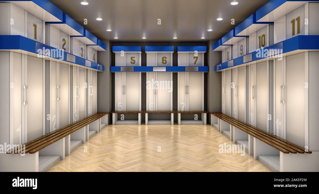 A sports locker room made of cubicles with cupboards numbered shirts a