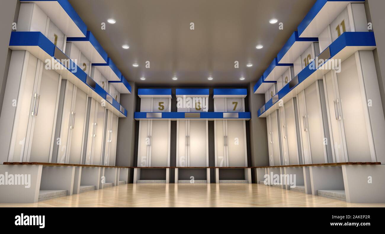 A sports locker room made of cubicles with cupboards numbered shirts a