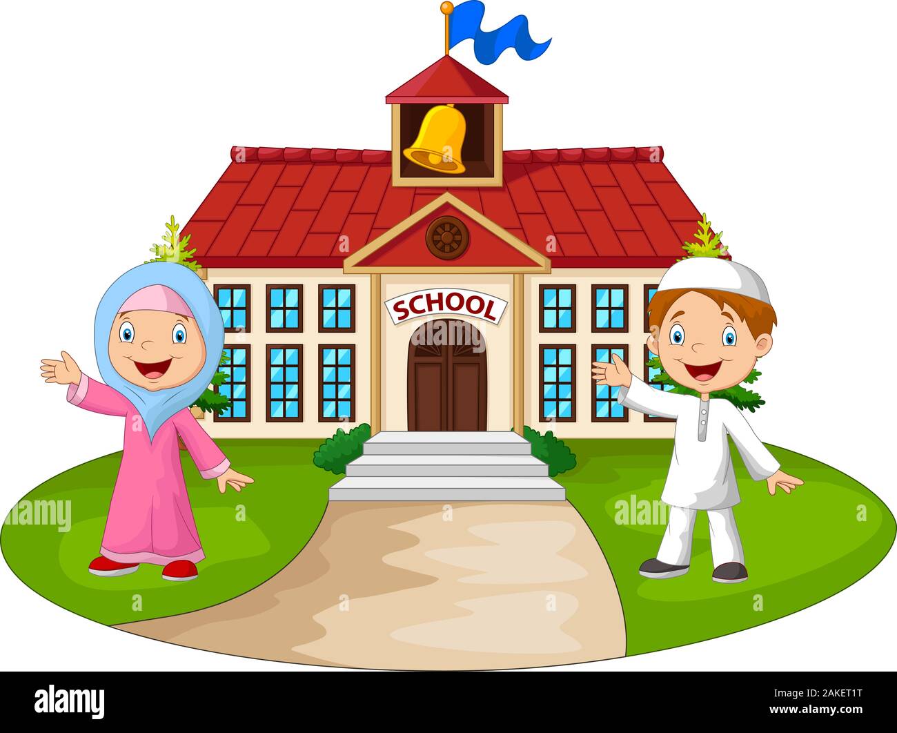 Happy cartoon Muslim kids in front of school building waving hand Stock ...