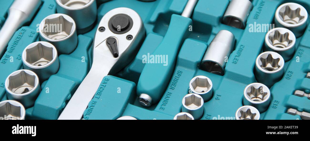 a fully stocked ratchet box with various bits and nuts Stock Photo Alamy