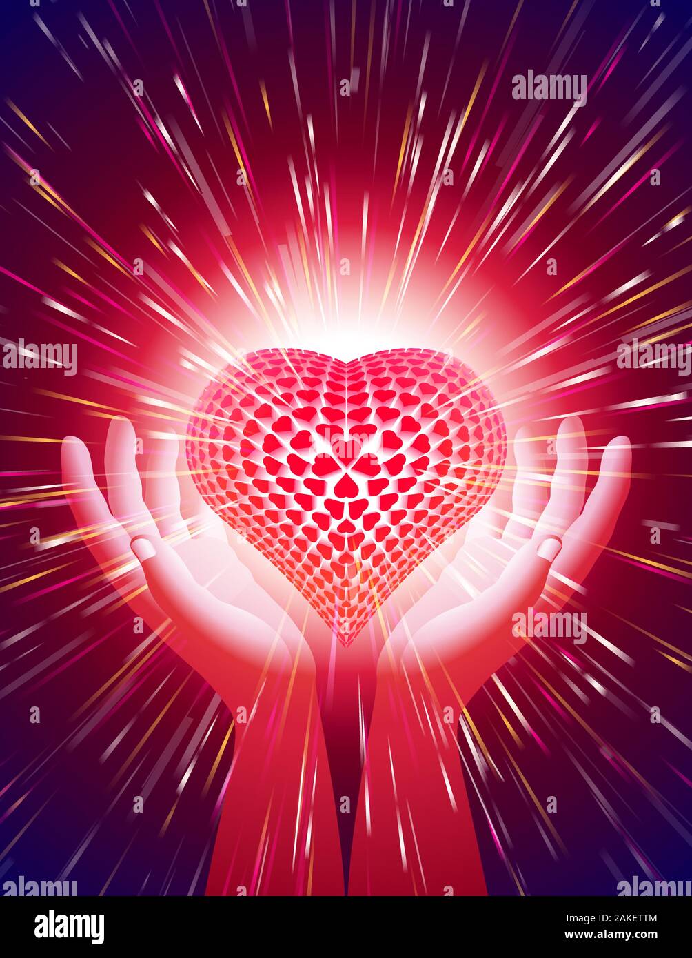 Heart In Open Hands With Glowing Beams Symbol Of Amour Illuminate Around The Power Of Love Background For A Greeting Card On The Valentine S Day Stock Vector Image Art Alamy
