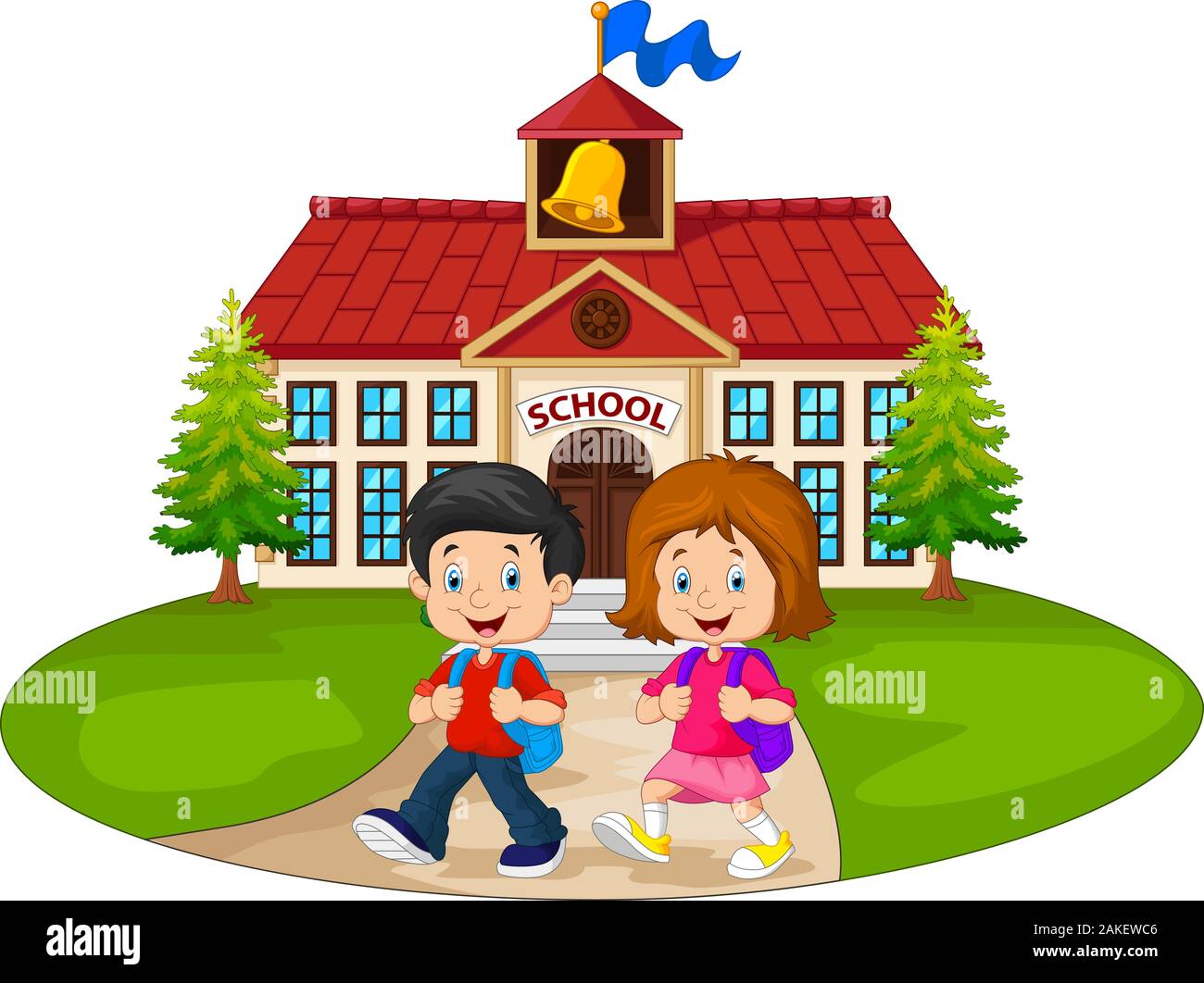 Happy school children in front of school Stock Vector Image & Art - Alamy