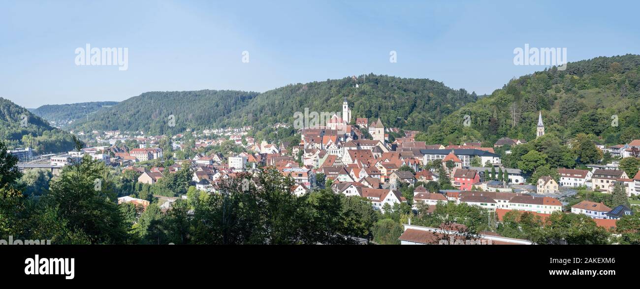 aerial cityscape of touristic historical little town and green valley, shot in summer bright light at Horb am Neckar, Baden Wuttenberg, Germany Stock Photo
