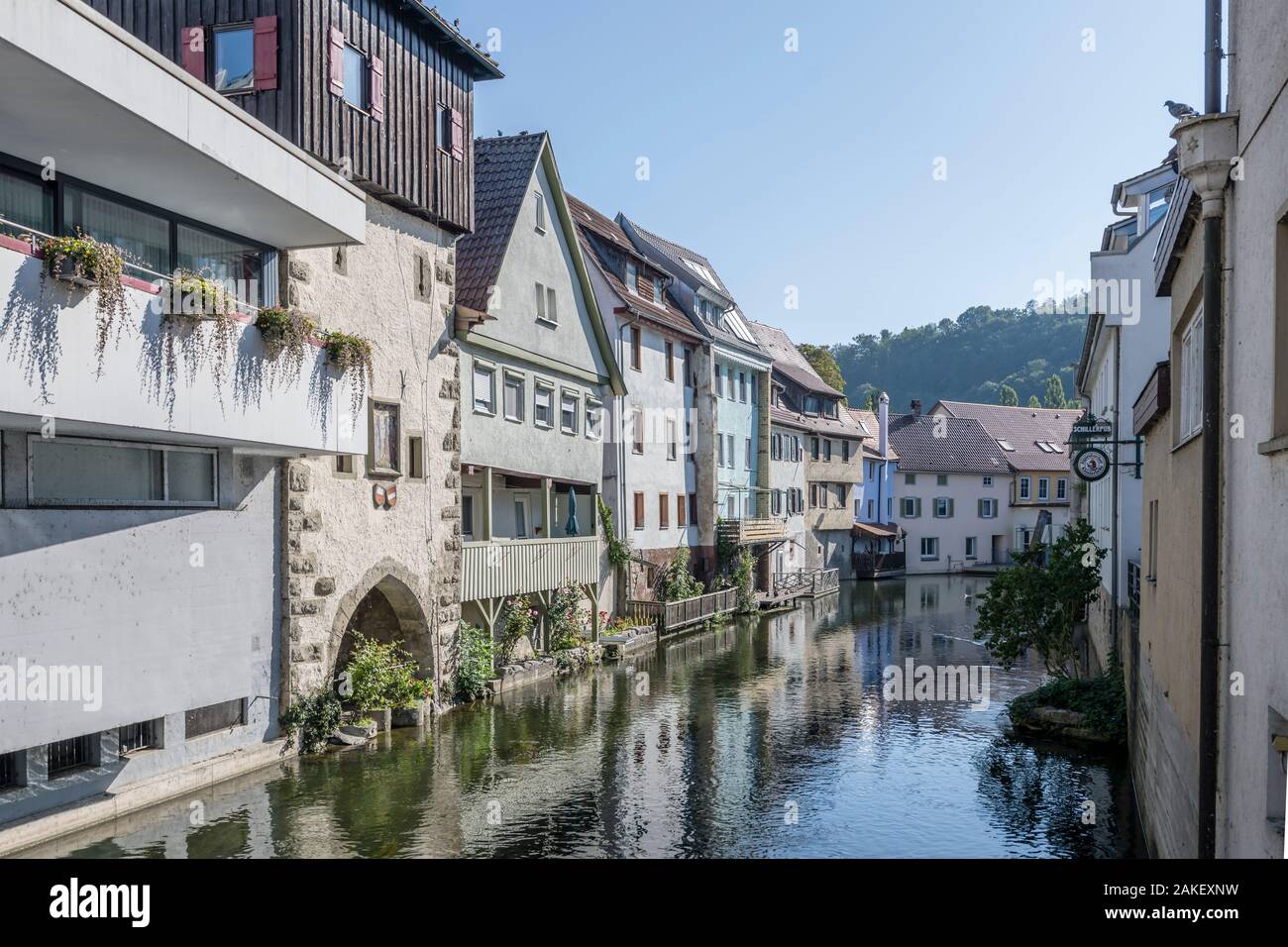 HORB AM NECKAR, GERMANY - September 15 2019: cityscape of touristic historical little town with Muhlcanal and historical picturesque houses on banks, Stock Photo