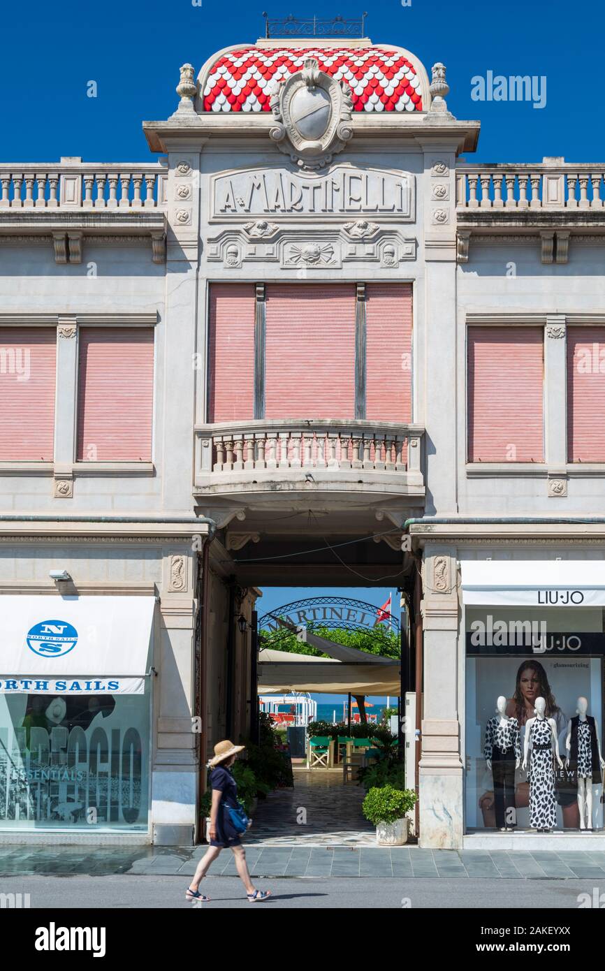 Art Nouveau designer shops on the Lido in Viareggio, Tuscany, Italy. Stock Photo