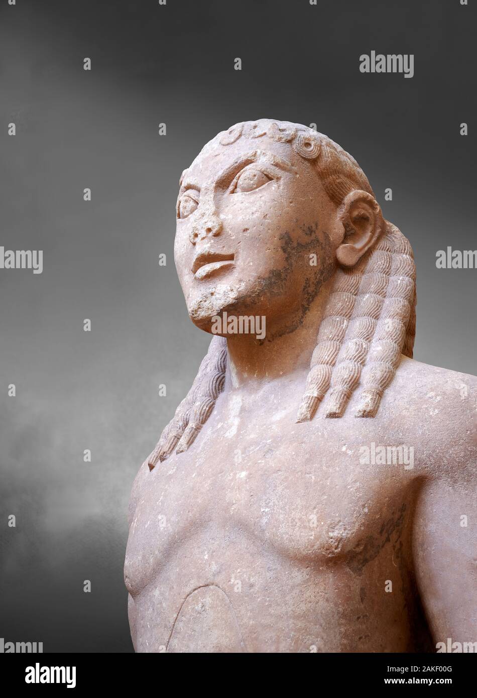 Archaic Ancient Greek marble statue of a Kouros, one of the Twins of